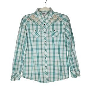 ARIAT Snap Button Shirt Womens S Green Plaid Embroidered Western Rodeo Festival